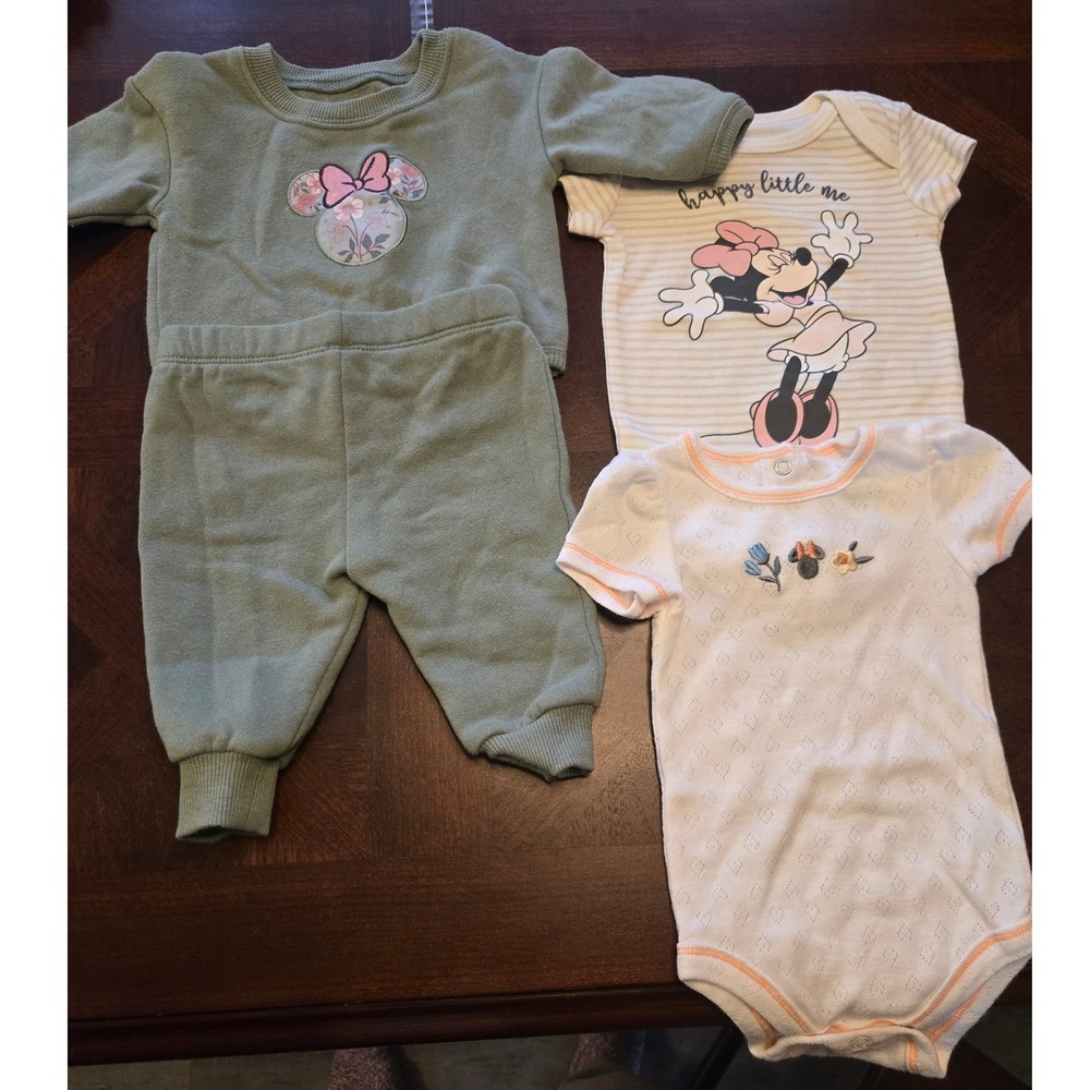 Disney Baby Minnie Mouse 0-3M Lot Sage‎ Green Jogger Set & 2 Bodysuits Floral